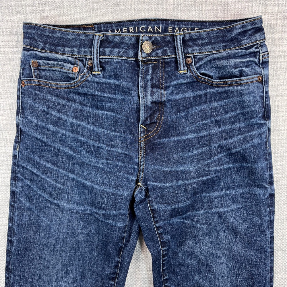 American Eagle Original Bootcut Next Level Flex Jeans Men 30x34 Blue Whiskering